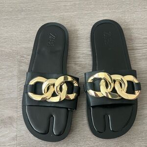Zara, black leather sandal gold chain sz 38
